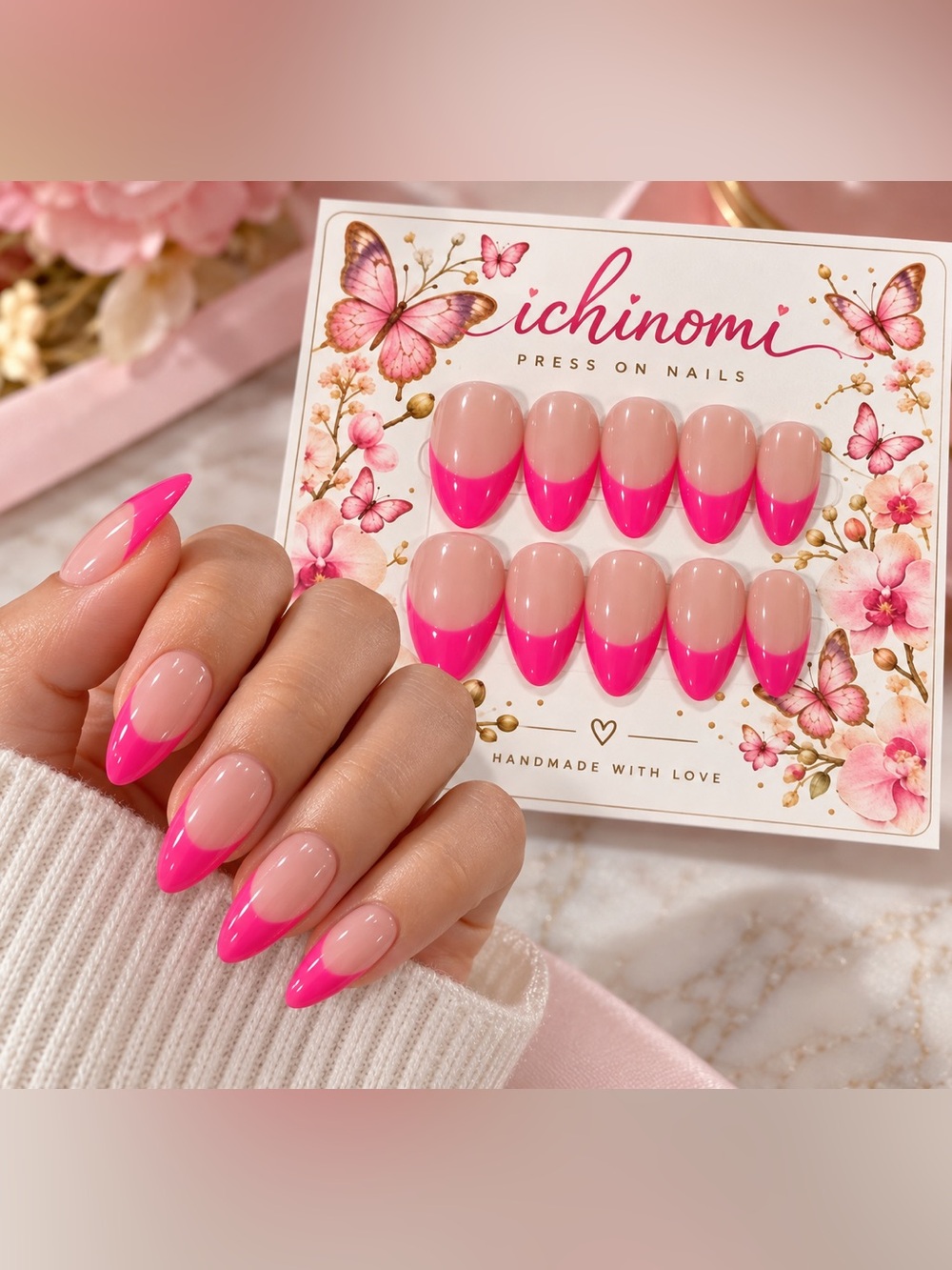 💗 Pink French Tip Press-On Nails — Medium